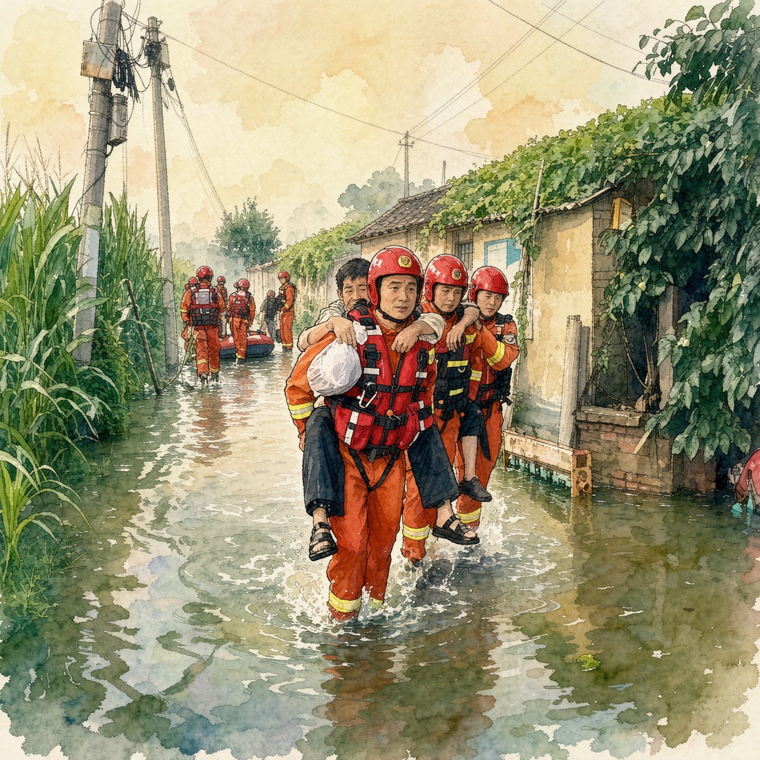 救援队员背起群众，涉水转移出被淹的村庄
