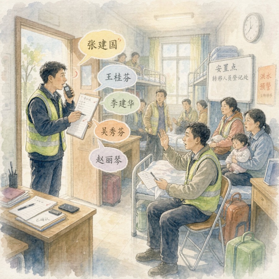 安置点转移人员登记处，村干部手拿名册逐人点名确认：张建国、王桂芬、李建华、吴秀芬、赵丽琴