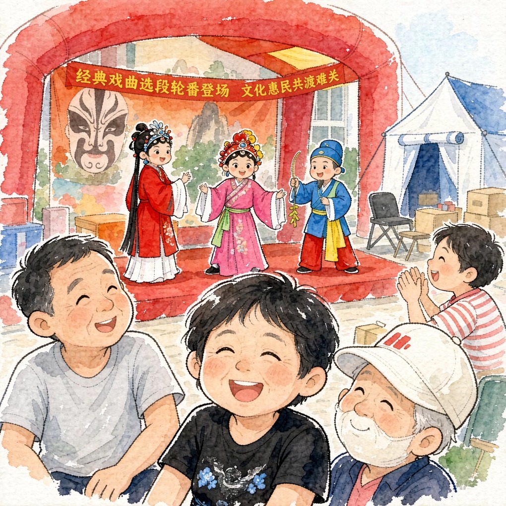 安置点里搭起戏台，横幅写着「经典戏曲选段轮番登场 文化惠民共渡难关」，群众围坐看戏，老人孩子都笑了