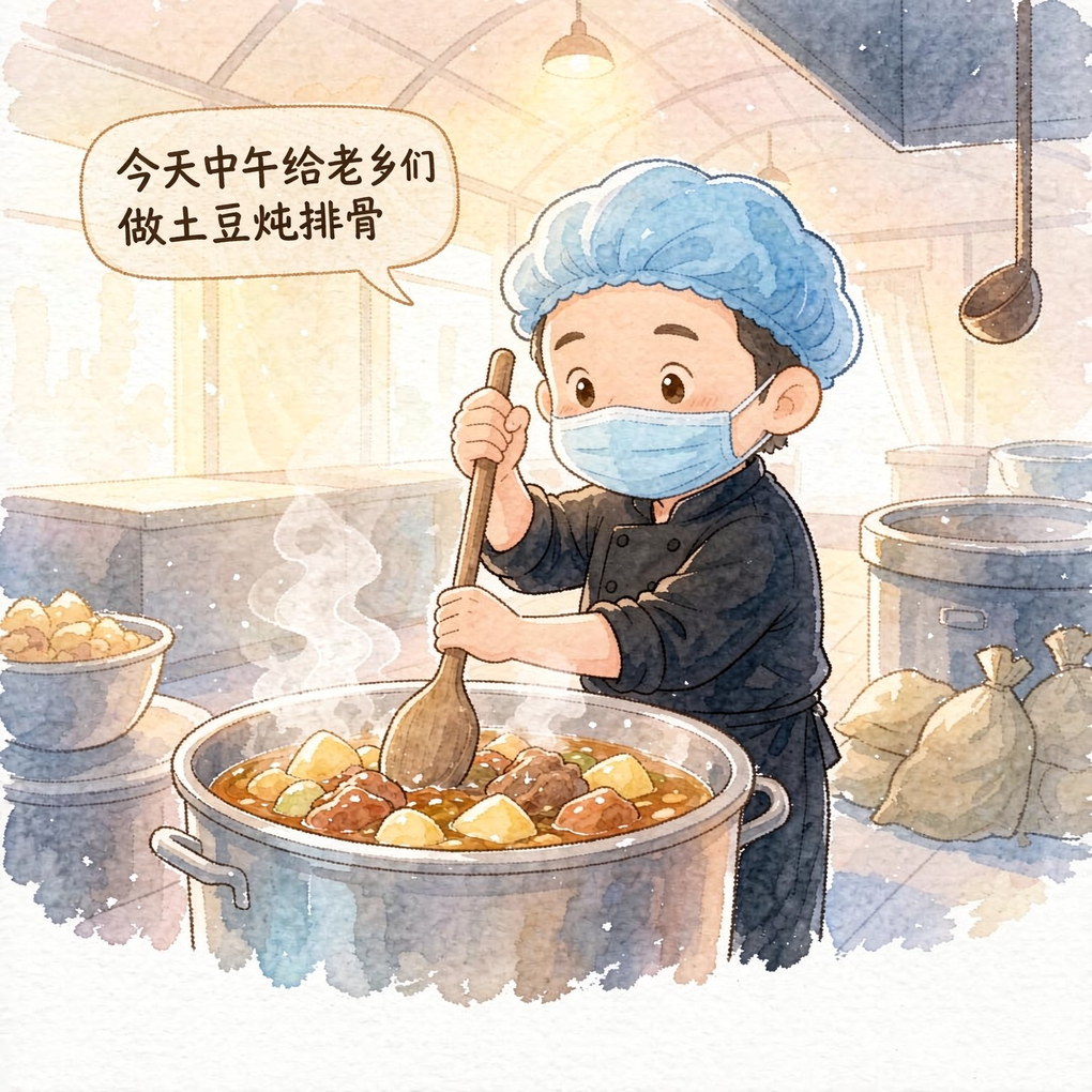 安置点临时食堂里，厨师搅动大锅：今天中午给老乡们做土豆炖排骨