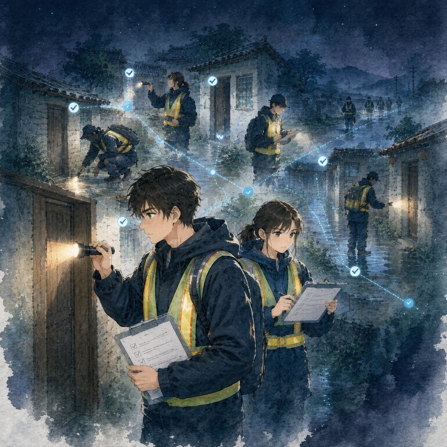 夜色中，党员干部打着手电筒进村逐户排查